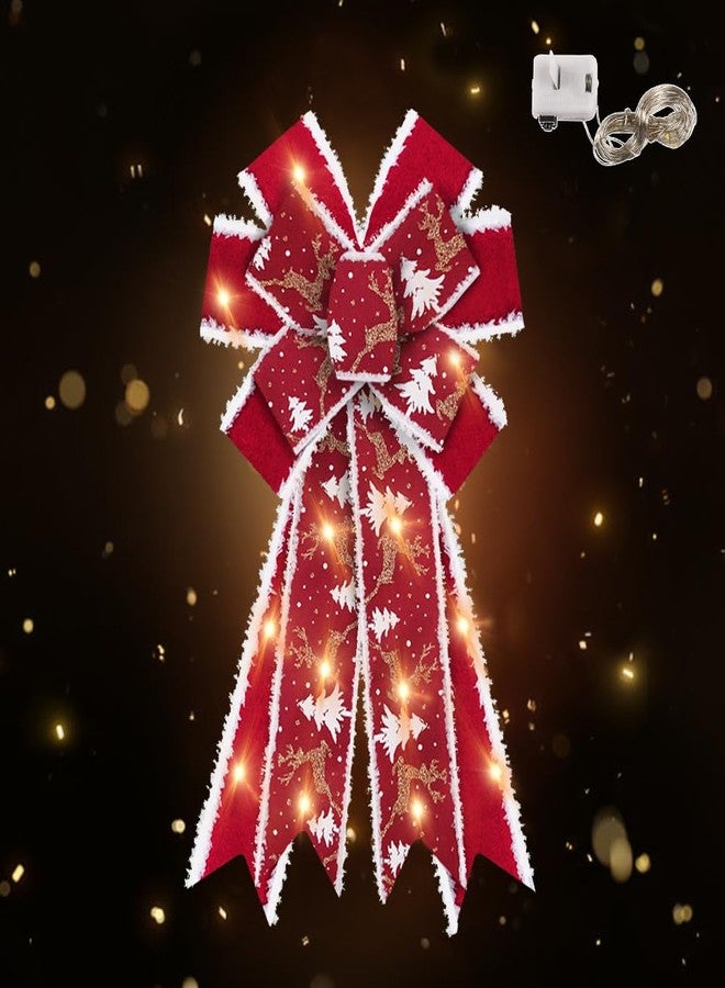 ABTOLS Large LED Christmas Wreath Bows, LED Light Christmas Bows for Wreath Red Velvet Wreath Bows Christmas Tree Deer Bows for Front Door Glitter Elk Bows for Indoor Outdoor Decor - Image 1